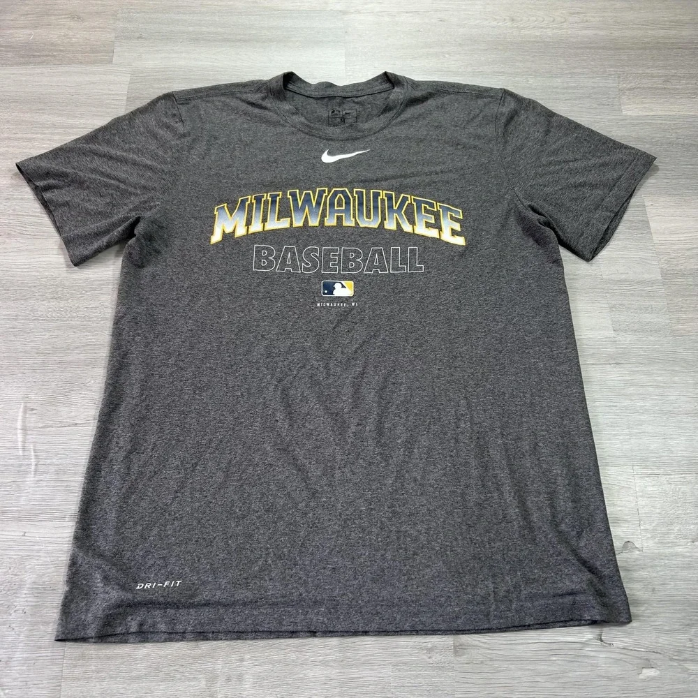 Milwaukee Brewers Shirt Mens Medium Gray MLB Baseball Nike Dri Fit Tee